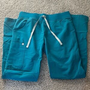 Figs Teal Scrub Pants with Gray Drawstring